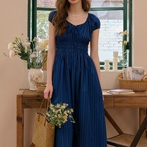 Chic Navy Cap Sleeve Midi Dress